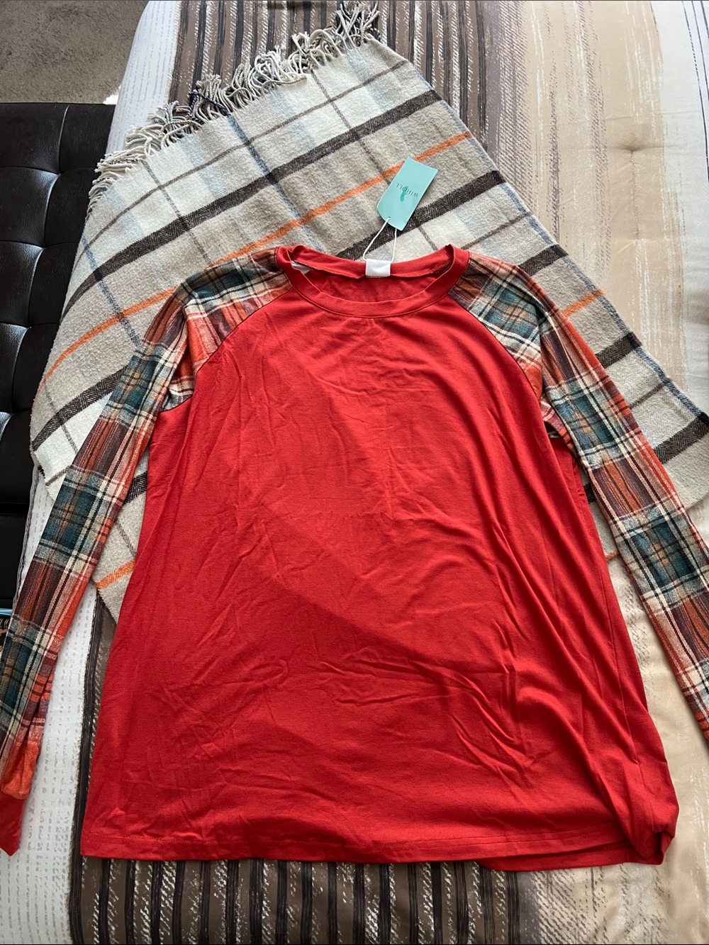 Plaid-Sleeve Red Women's Top